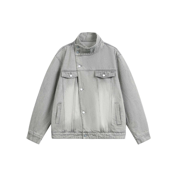 Unisex Boxy Denim Jacket with asymmetrical snap button placket and high stand-up collar Mune Fashion
