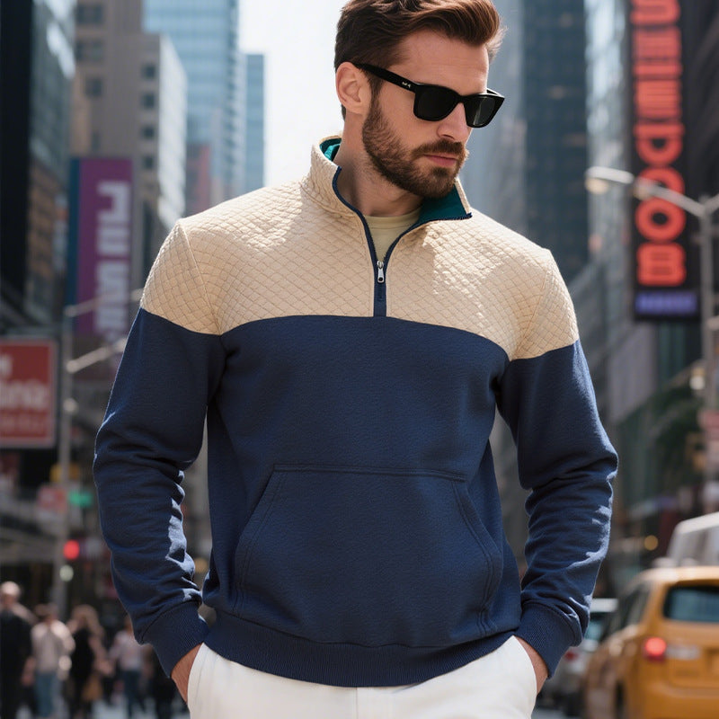 Men's quilted shoulder yoke half-zip sweater with kangaroo pocket and stand collar Mune Fashion