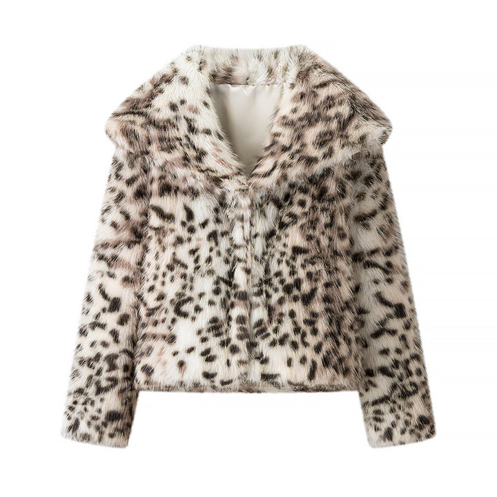 Women Short Cut Cozy Faux Fur Coat with Leopard Print and Stand-Up Collar Mune Fashion