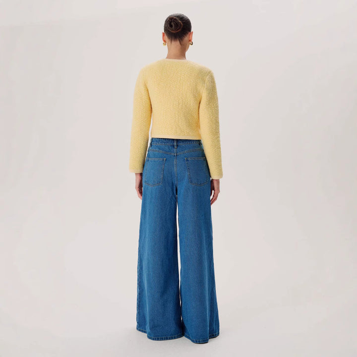 Women high-waisted Palazzo denim jeans with emphasized center seam and extra wide hem Mune Fashion