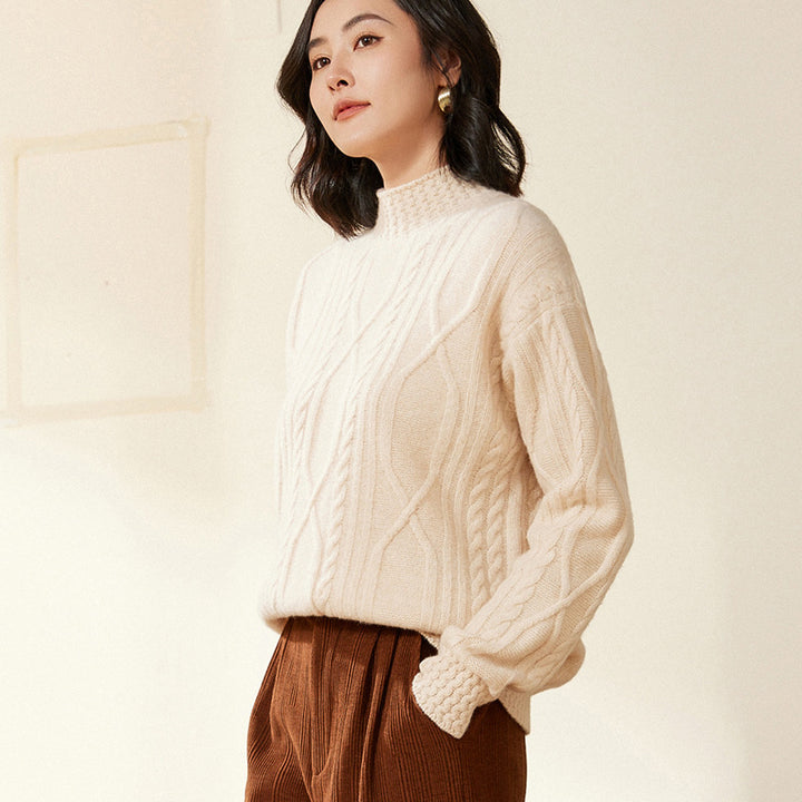 Women's cable knit mock neck sweater with short boxy silhouette Mune Fashion