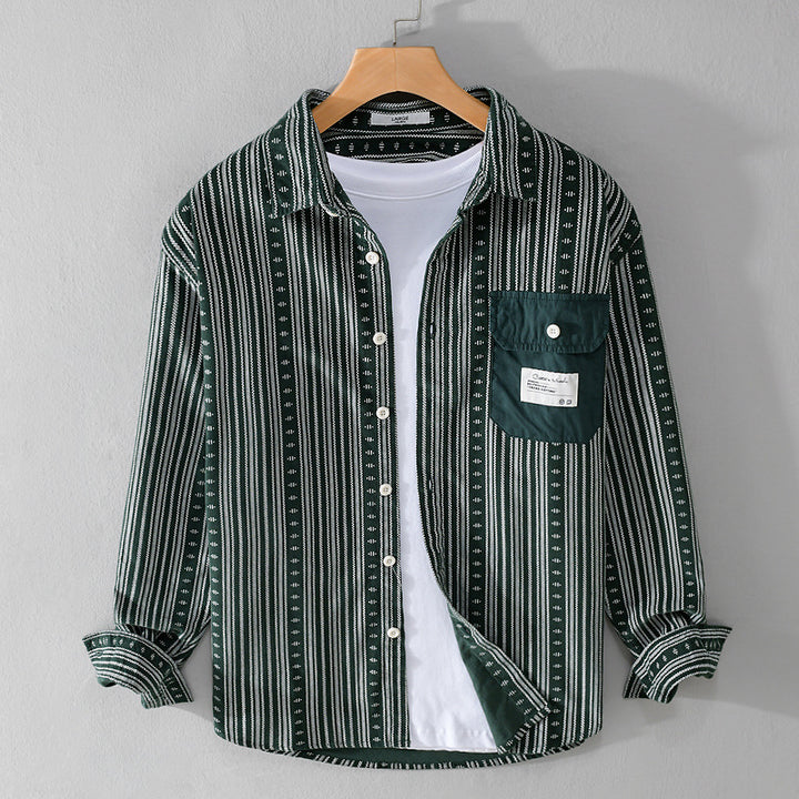 Men's Loose Ethno Stripe Shirt in Cotton Blend with Contrasting Breast Pocket Mune Fashion