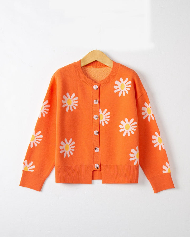 Women's Oversize Knit Cardigan with Flower Appliqué, Mother-of-Pearl Buttons and Wave Hem Mune Fashion