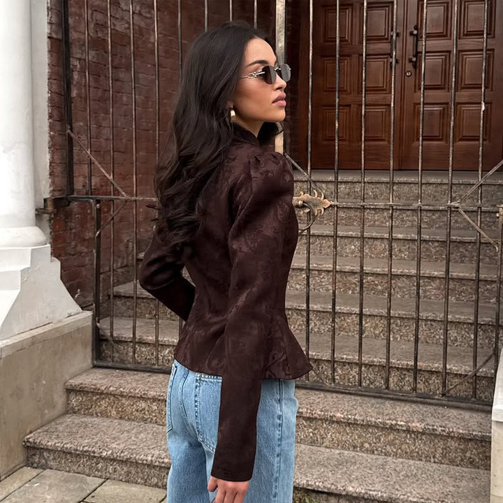 Women's Tailored Jacquard Blazer with Stand Collar, Puff Sleeves and Peplum Mune Fashion