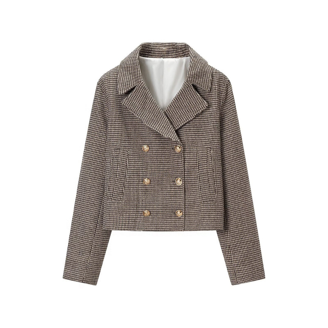 Women's Short-Cut Double-Breasted Houndstooth Blazer with Tailored Silhouette and Golden Decorative Buttons Mune Fashion