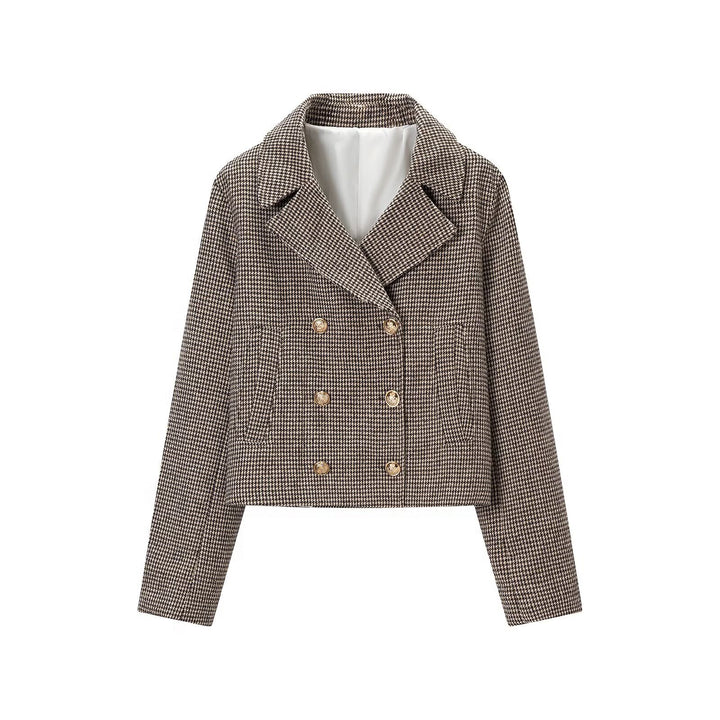 Women's Short-Cut Double-Breasted Houndstooth Blazer with Tailored Silhouette and Golden Decorative Buttons Mune Fashion