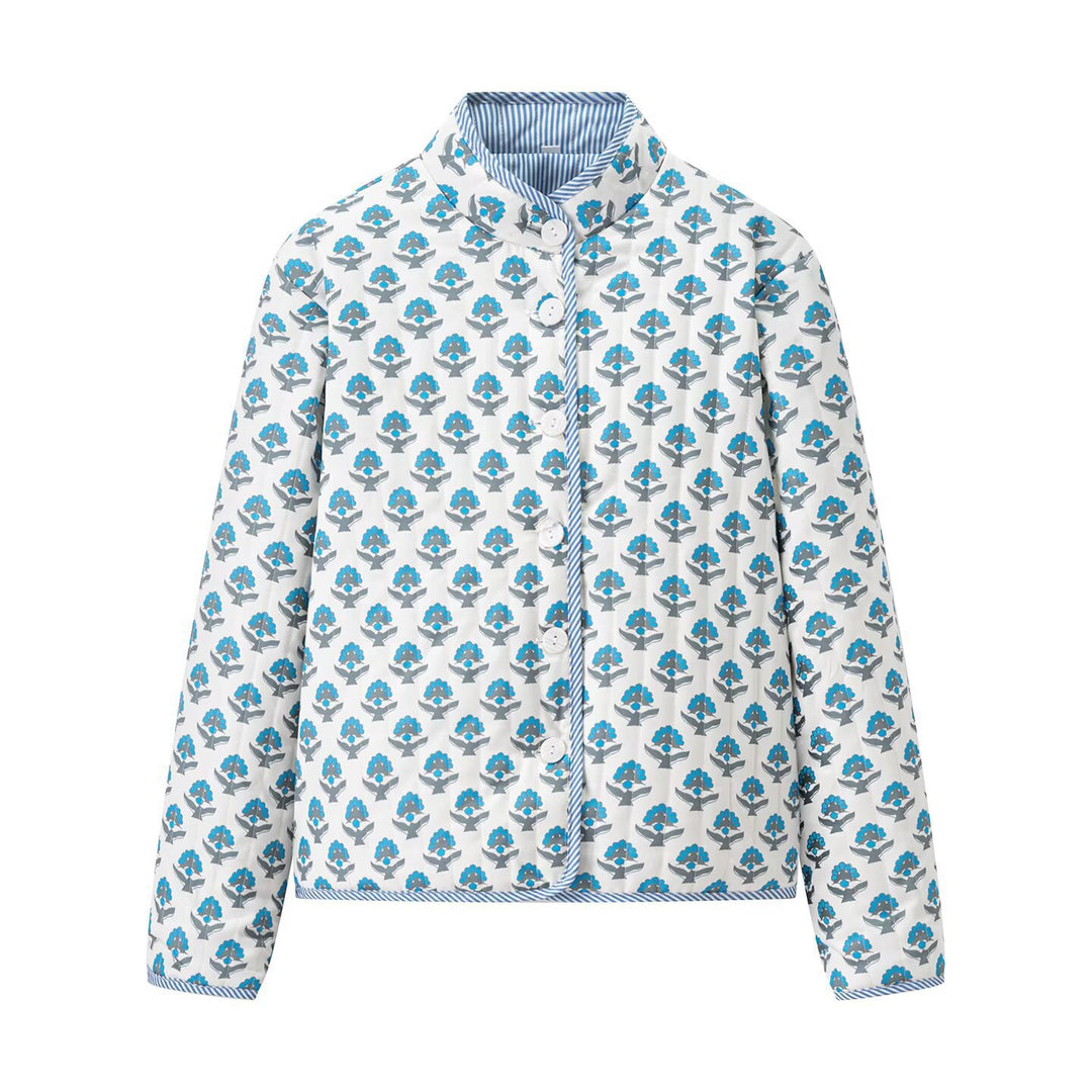Women's Lightweight Printed Cotton Jacket with Stand Collar and Striped Cuffs Mune Fashion
