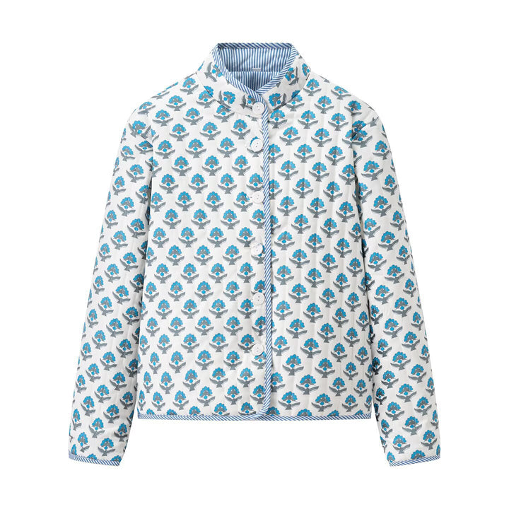 Women's Lightweight Printed Cotton Jacket with Stand Collar and Striped Cuffs Mune Fashion
