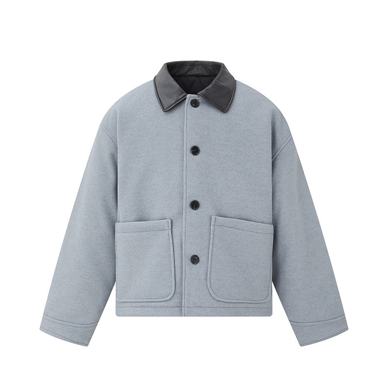 Unisex Short Blouson in minimalist Workwear look made of wool blend with leather look collar Mune Fashion