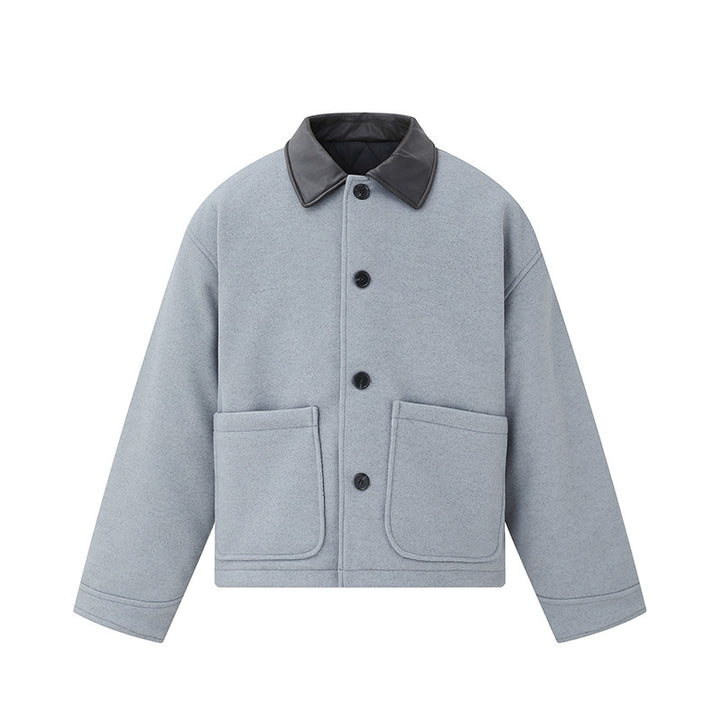 Unisex Short Blouson in minimalist Workwear look made of wool blend with leather look collar Mune Fashion
