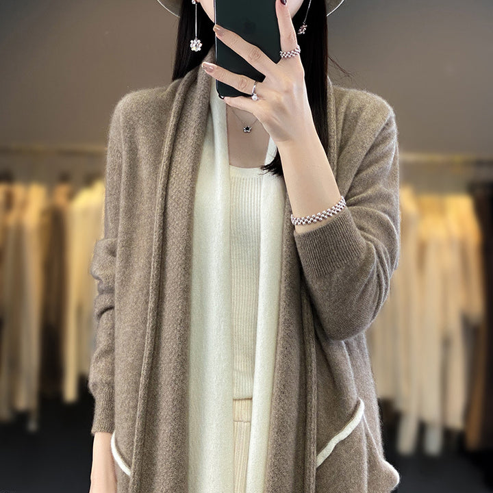 Women Long Open Cardigan in Cashmere-Look with Shawl Collar and Inset Pockets Mune Fashion