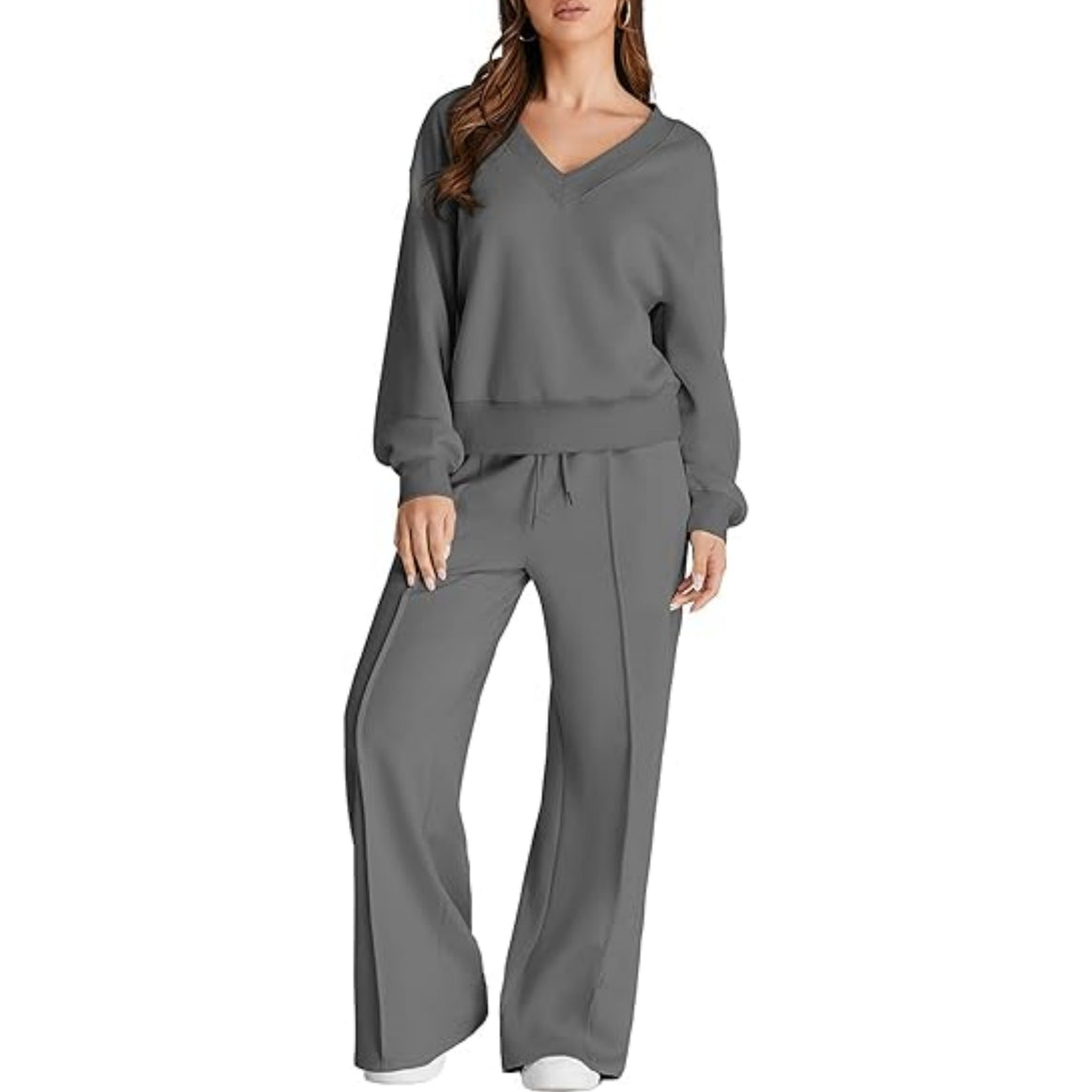 Women's Casual V-Neck Leisure Set with Wide Jogging Pants Mune Fashion