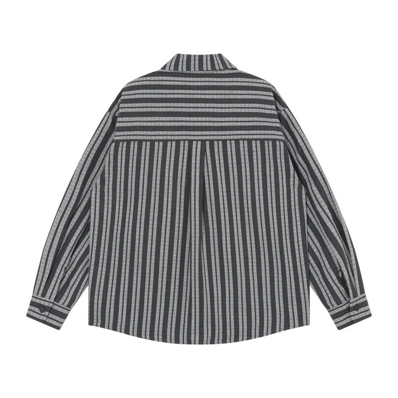 Men's oversized shirt jacket with vertical stripes, patch chest pockets, and rounded hem Mune Fashion