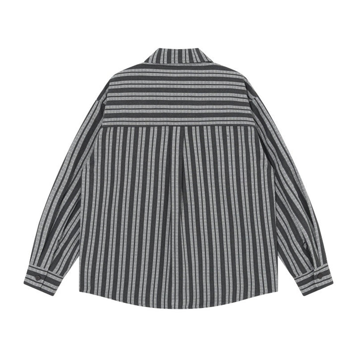 Men's oversized shirt jacket with vertical stripes, patch chest pockets, and rounded hem Mune Fashion