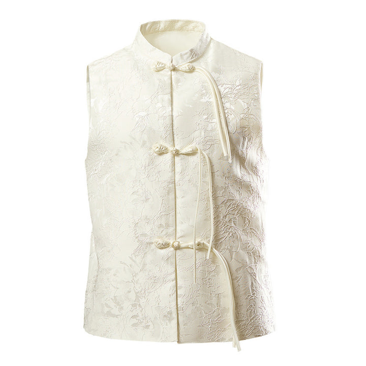 Men's sleeveless Chinese-inspired vest with stand-up collar, jacquard pattern, and knot closures Mune Fashion