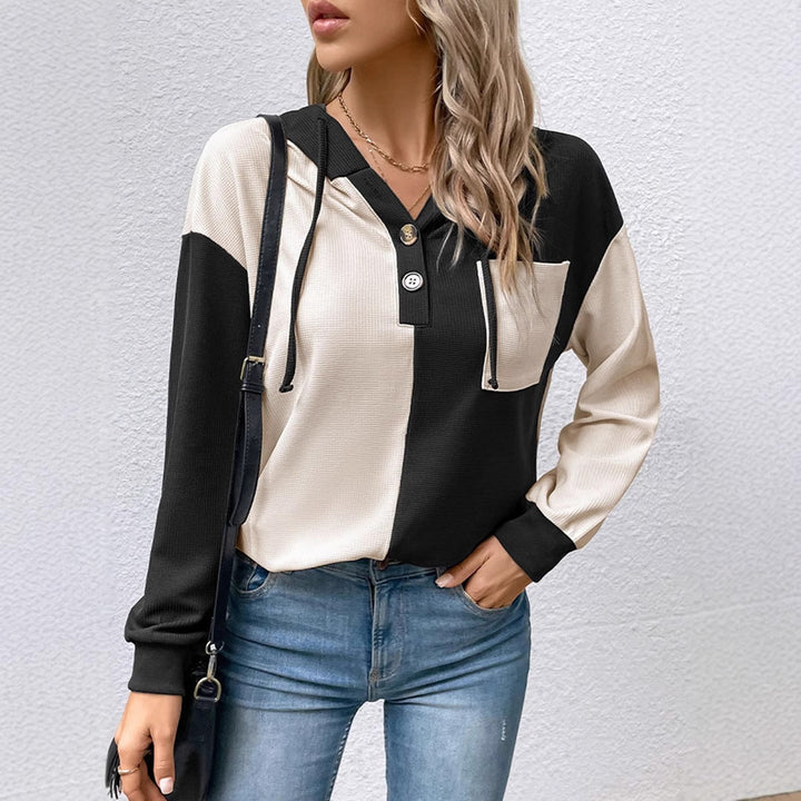 Women's waffle knit hoodie with henley buttons, chest pocket, and hood Mune Fashion