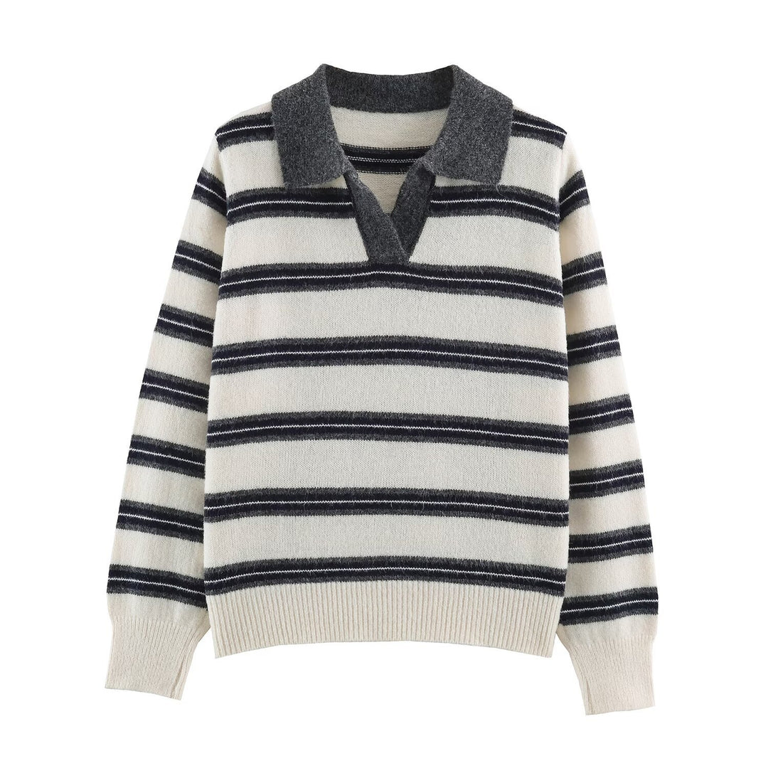 Women's Striped Polo Collar Sweater with Button Placket and Ribbed Cuffs Mune Fashion