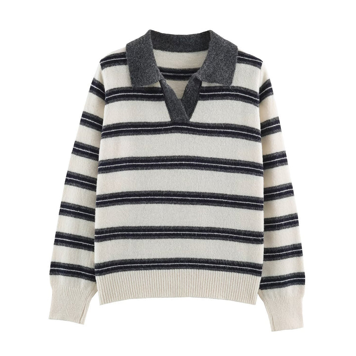 Women's Striped Polo Collar Sweater with Button Placket and Ribbed Cuffs Mune Fashion