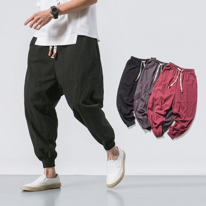Men's relaxed fit linen joggers with drawstring, inset knee panels, and elastic cuffs Mune Fashion