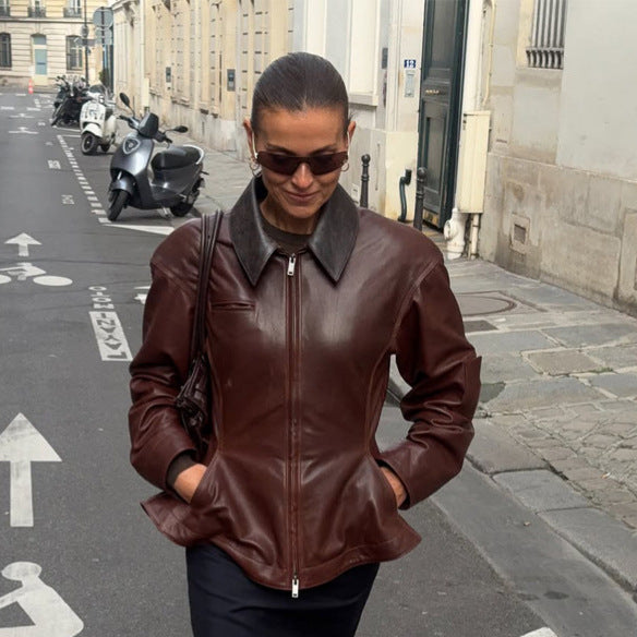 Women’s leather jacket with tailored peplum, zipper & large shirt collar Mune Fashion