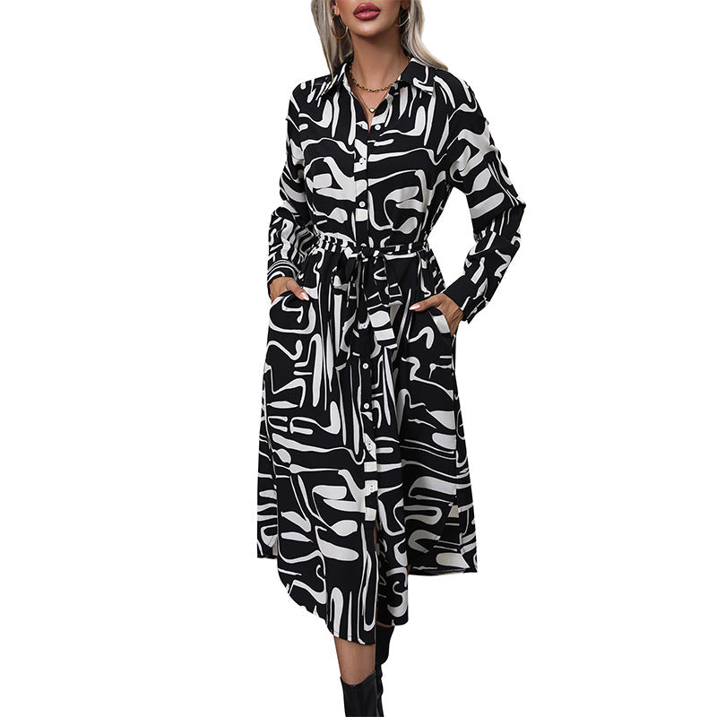 Women’s shirt blouse midi dress with abstract print, decorative button placket and tie belt Mune Fashion