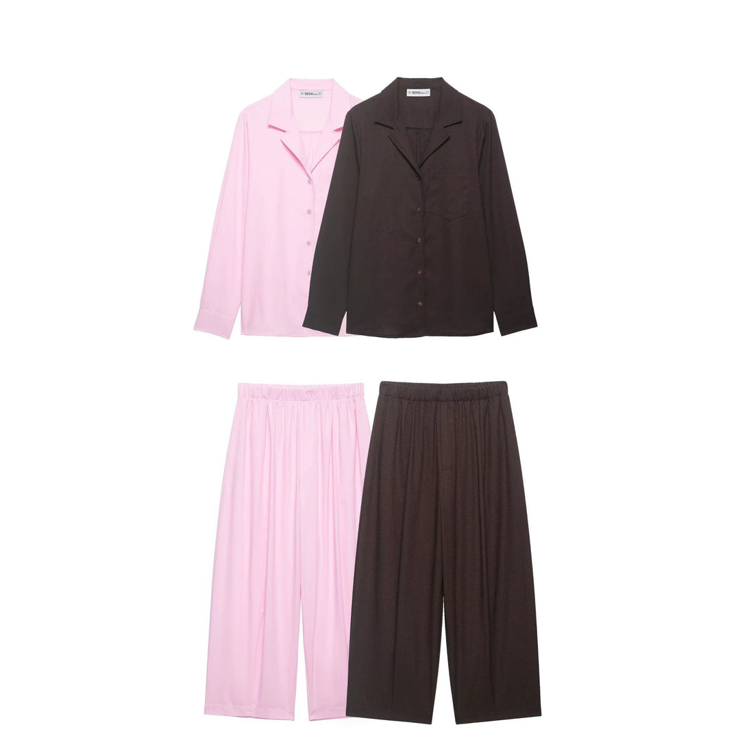 Ladies Two-Piece Lounge Set with Shirt Top and Wide Culotte with Elastic Waistband Mune Fashion