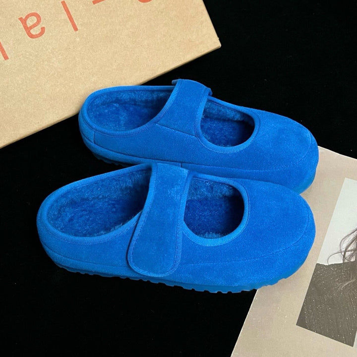 Women's Cozy Velour Mary Jane Slippers with Teddy Lining and Velcro Mune Fashion