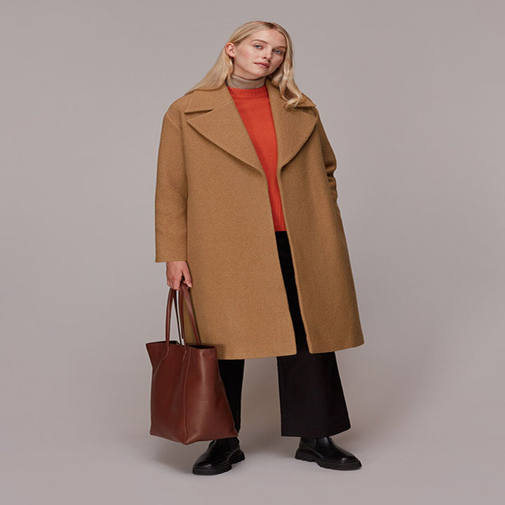 Women's Midi-Length Wool Blend Long Coat with Minimal Shawl Collar and Relaxed Silhouette Mune Fashion