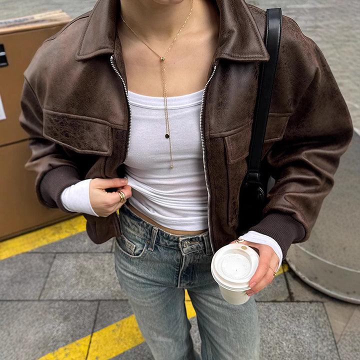 Women Cropped Suede Look Bomber Jacket with Flap Pockets and Ribbed Hem Mune Fashion