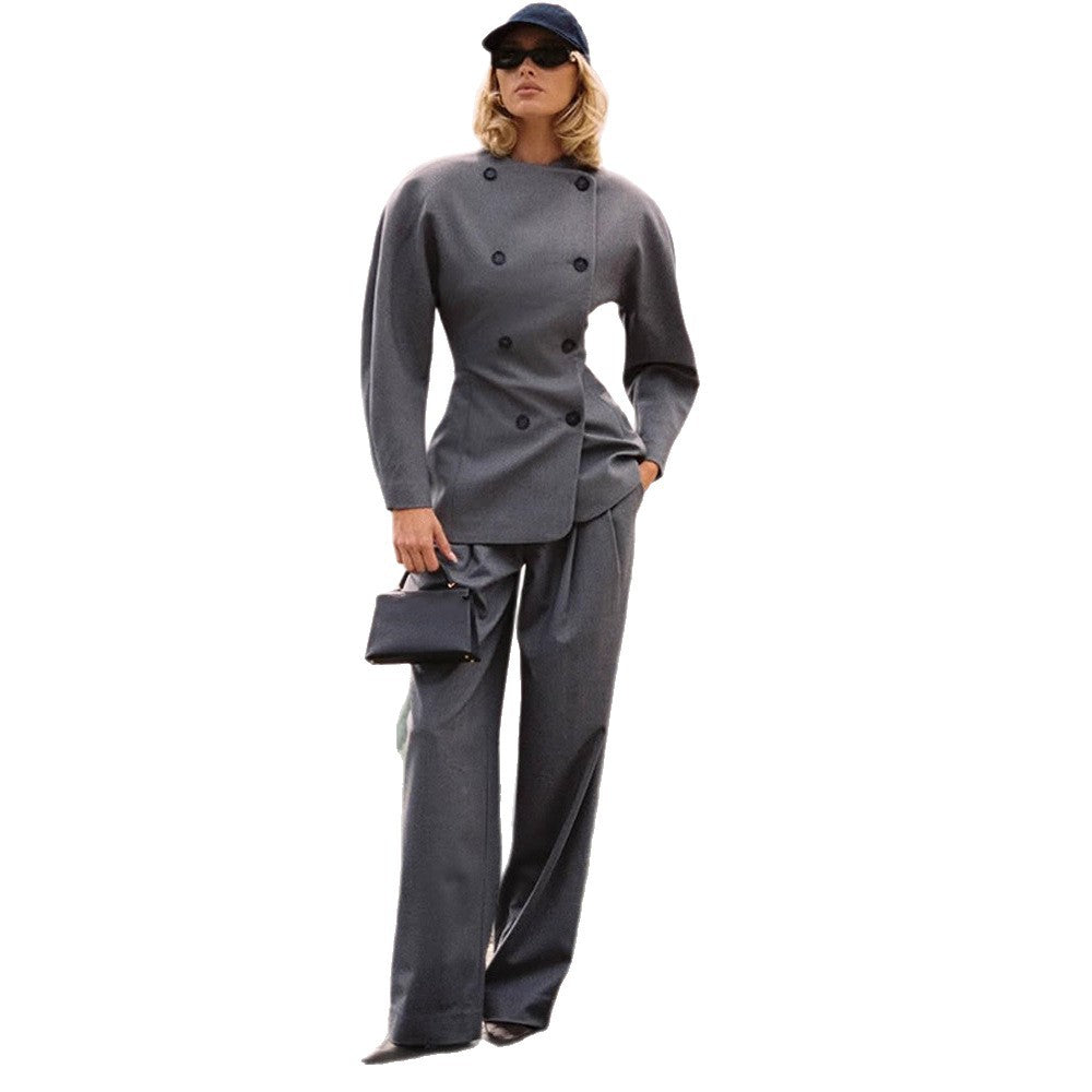 Women's Tailored Double-Breasted Blazer with Asymmetric Closure and Pleated Pants Mune Fashion