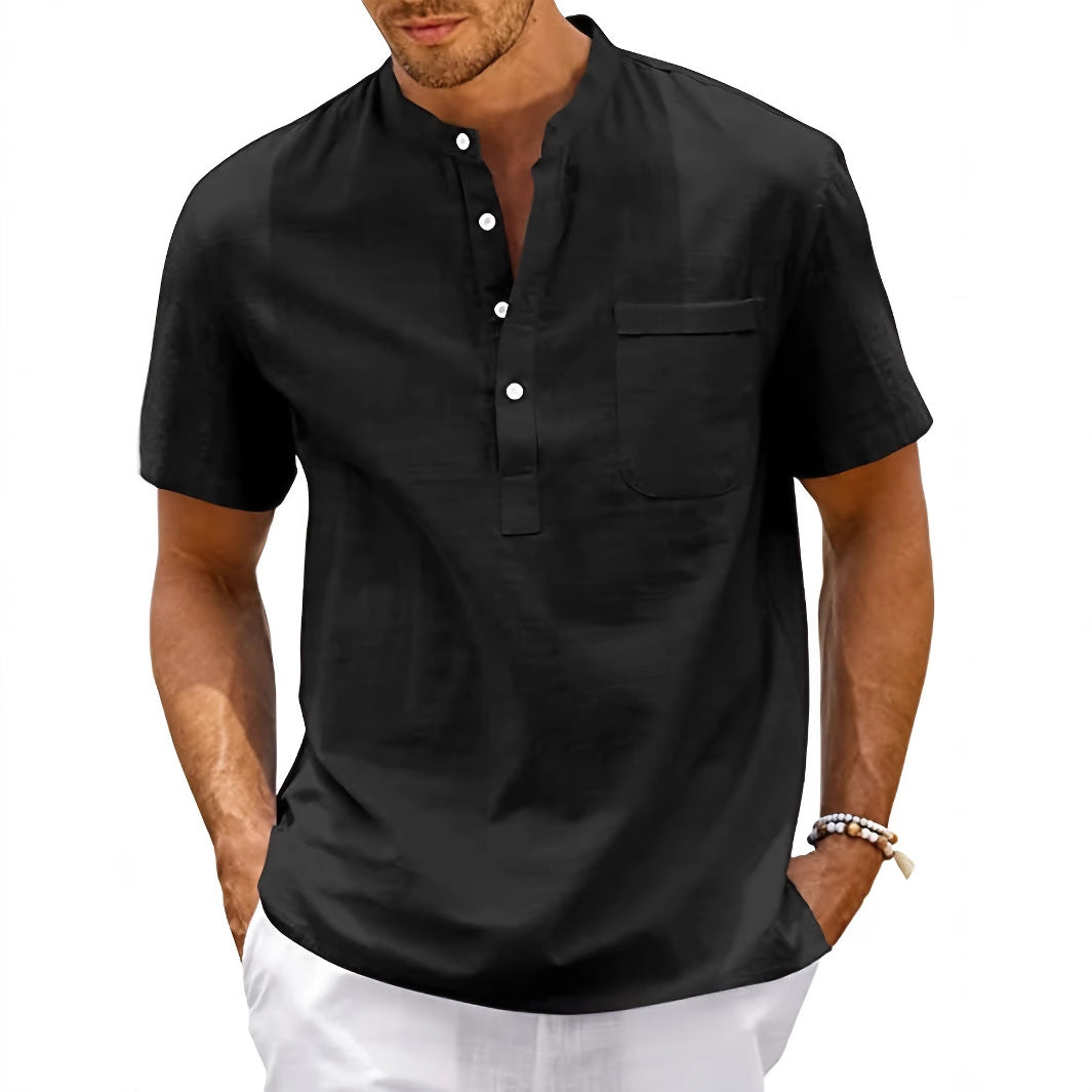 Men's Comfortable Short Sleeve Shirt with Stand Collar Mune Fashion