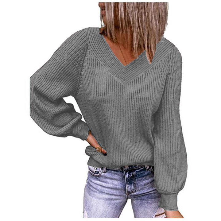 Women Ribbed V-Neck Sweater with Balloon Sleeves and Casual Fit Mune Fashion