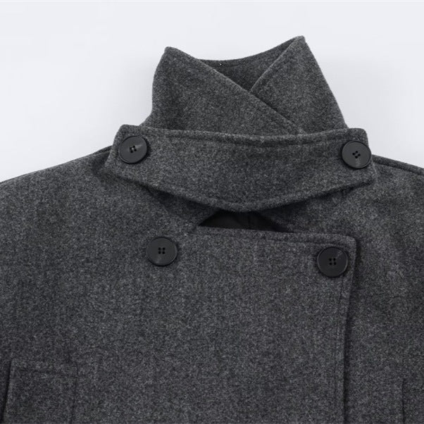 Men's short double-breasted wool coat with stand collar and waist belt Mune Fashion