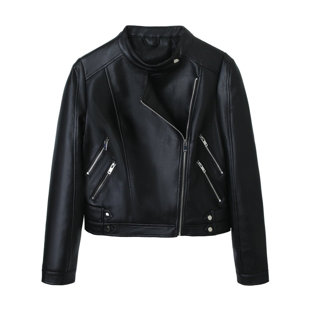 Women's motorcycle biker jacket made of faux leather with stand-up collar, asymmetric zipper, and decorative pleats Mune Fashion