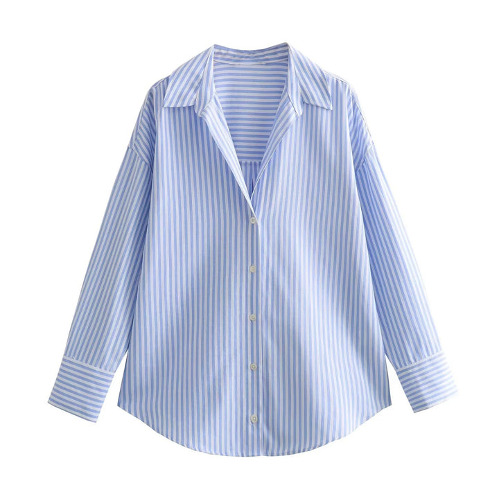 Women 20+ Oversized Stripe Blouse with Shirt Collar and Long Cuffs Mune Fashion