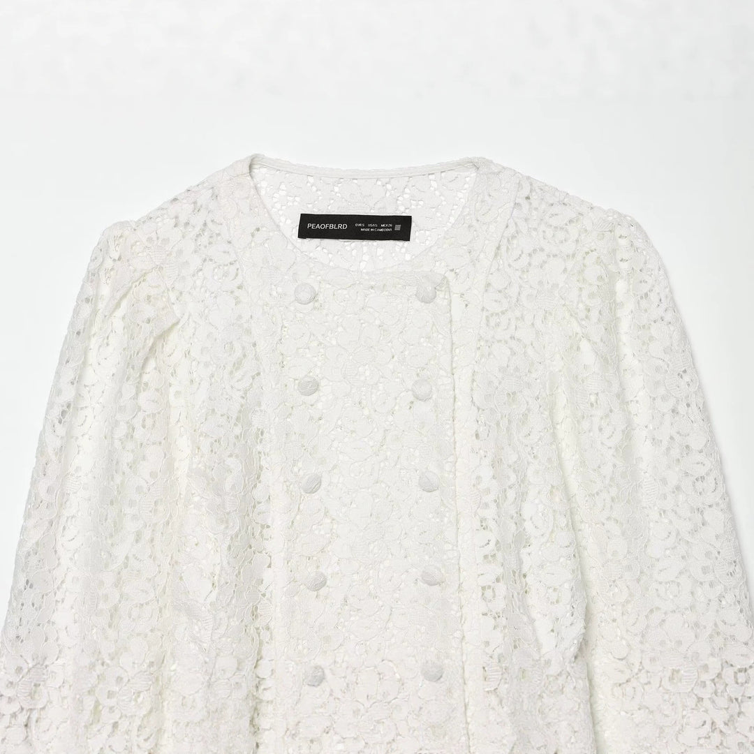 Women's Lace Jacket with Delicate Floral Lace, Decorative Button Placket and Balloon Sleeves Mune Fashion