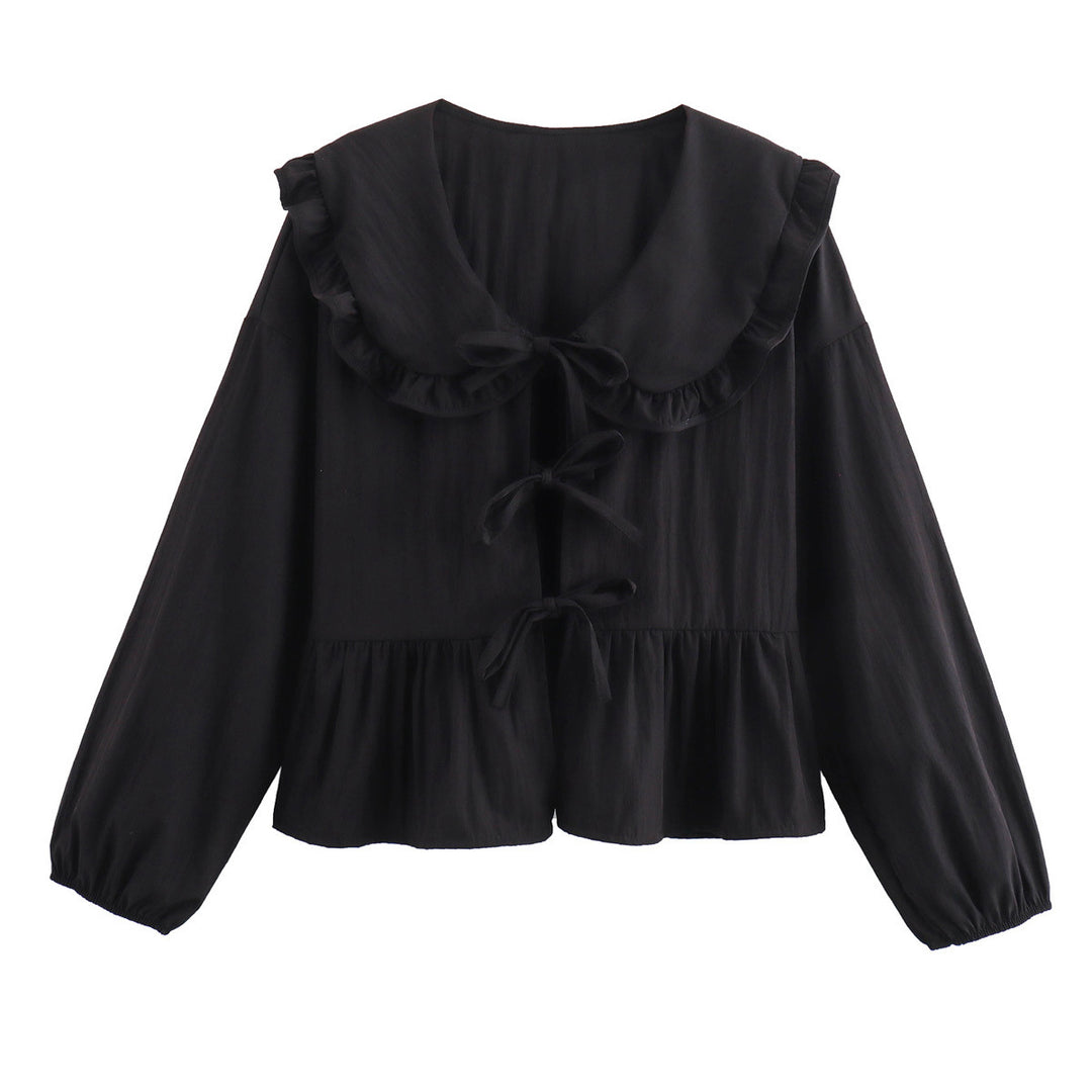 Women's Ruffle Blouse with Large Peter Pan Collar, Ties and Balloon Sleeves Mune Fashion