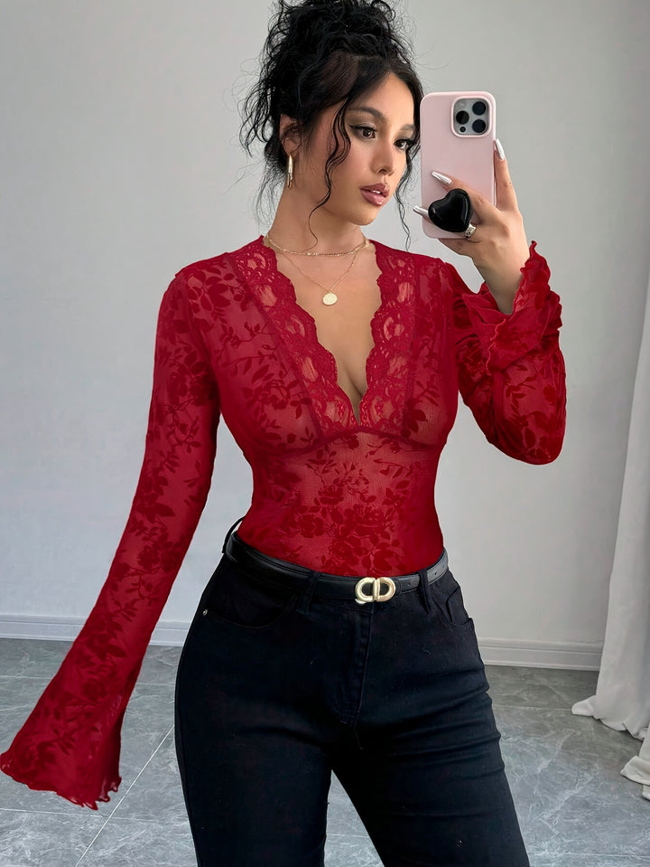 Women's tight-fitting transparent mesh lace blouse with deep V-neck and floral velvet texture Mune Fashion