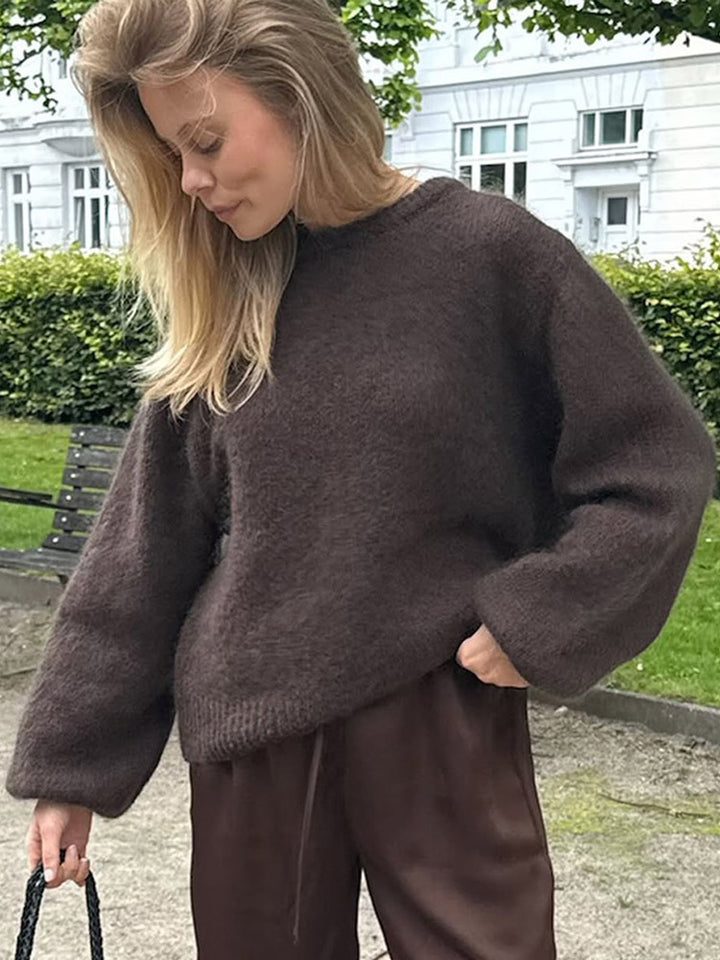 Women Fluffy Round Neck Sweater with Balloon Sleeves and Boxy Silhouette Mune Fashion