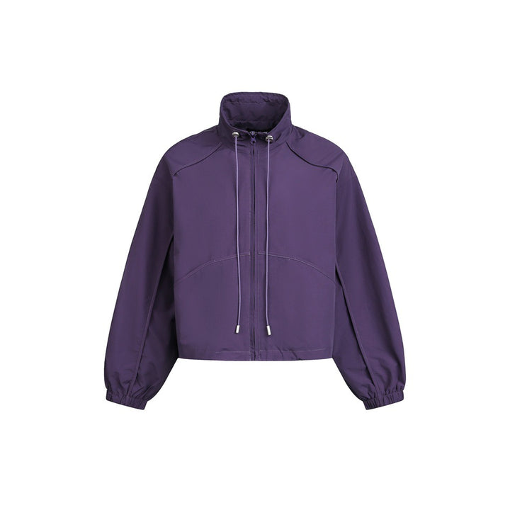 Women's short-cut wind jacket with high stand-up collar, drawstring and elastic cuffs