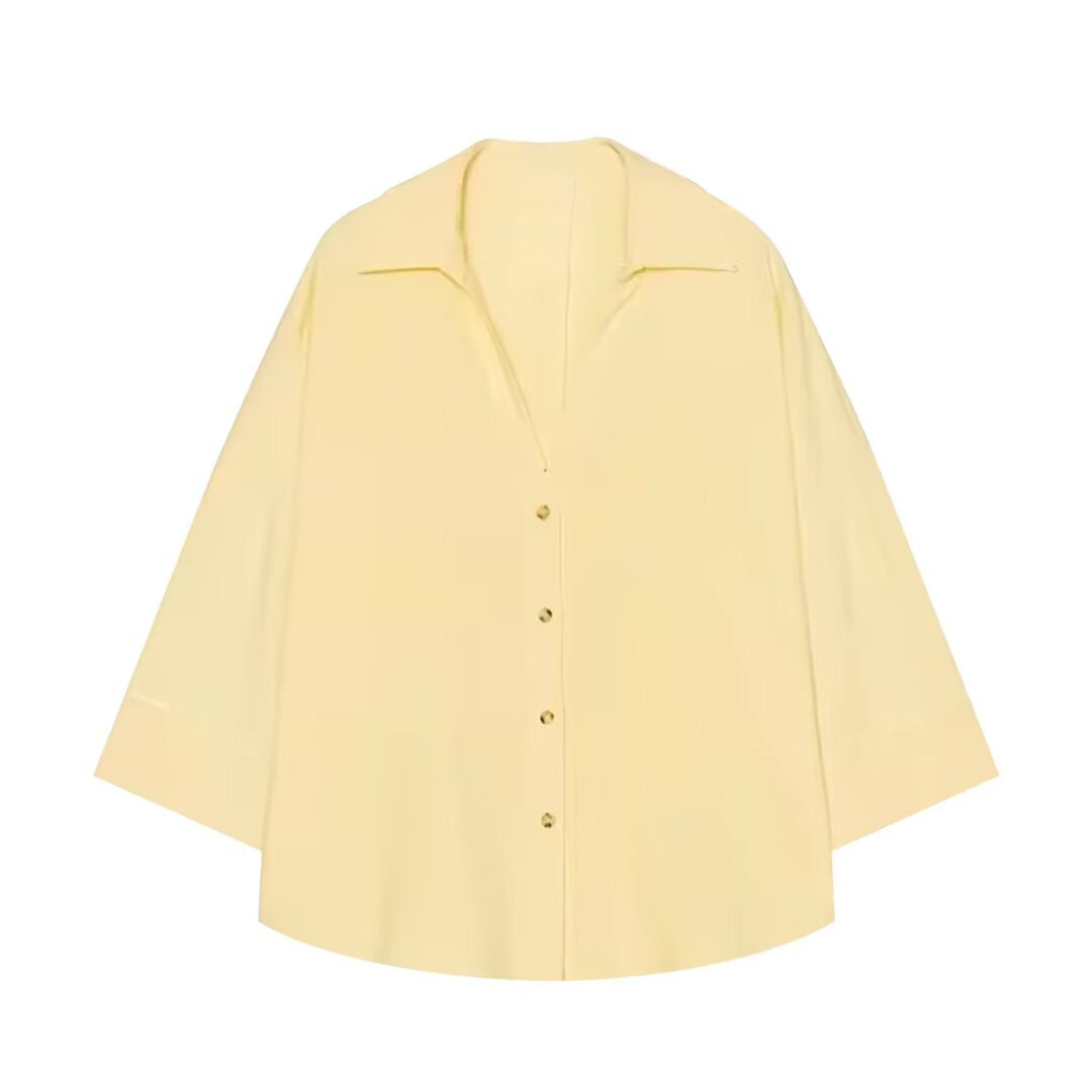 Women's Oversized Shirt Blouse with Boxy Cut, Three-Quarter Sleeves and Horn Button Placket Mune Fashion