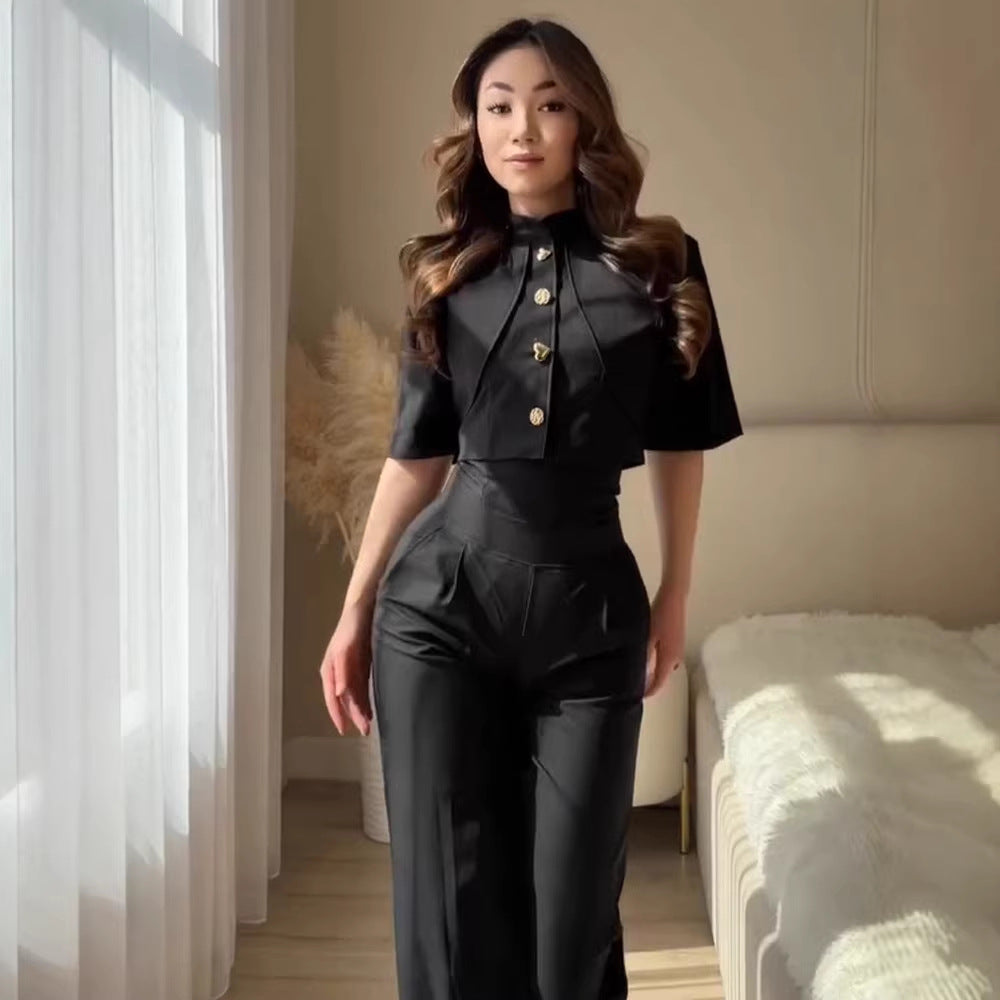 Women Two-Piece Satin Ensemble with Cropped Bolero, Gold Buttons and High Waist Mune Fashion
