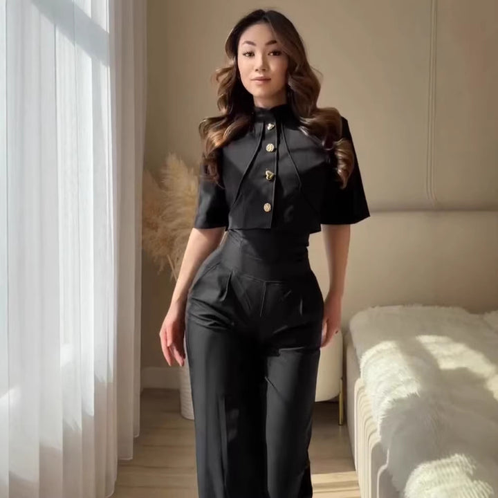 Women Two-Piece Satin Ensemble with Cropped Bolero, Gold Buttons and High Waist Mune Fashion