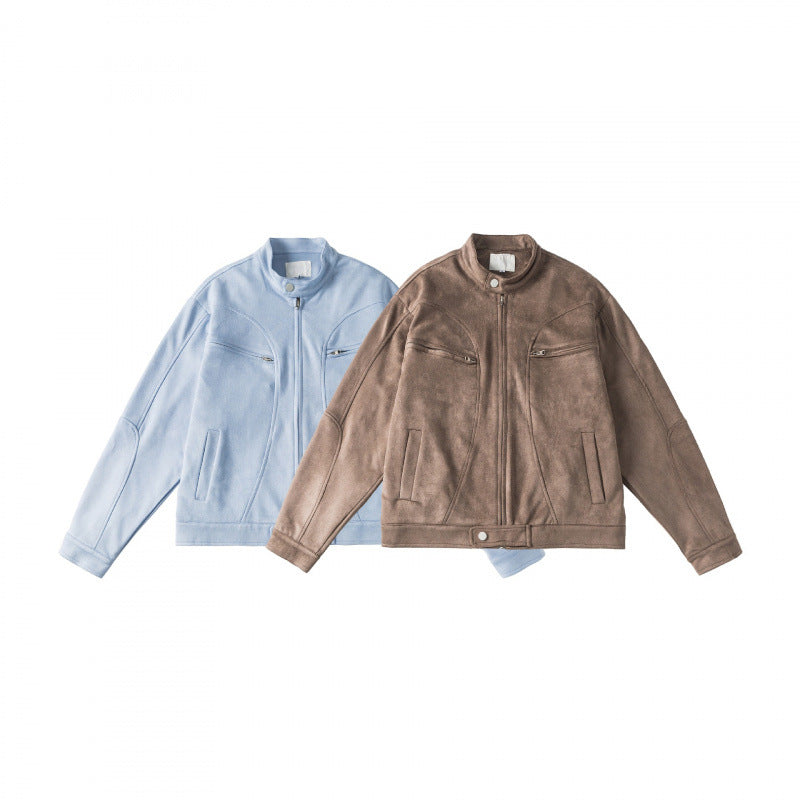 Unisex Short-cut boxy velour blouson jacket with stand-up collar and chest zippers Mune Fashion