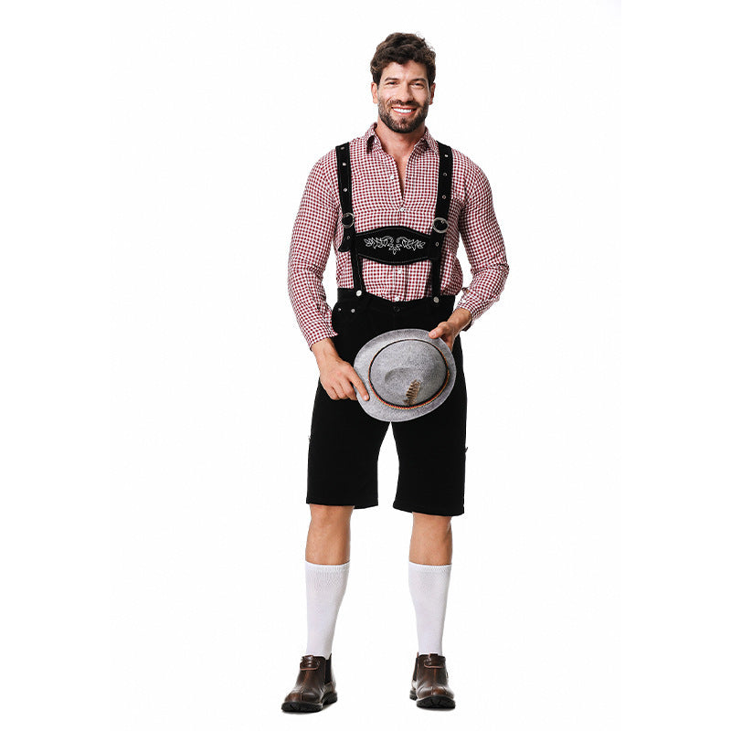 Men's authentic traditional knee-length trousers made of suede-like material with adjustable straps and embroidered chest bib Mune Fashion