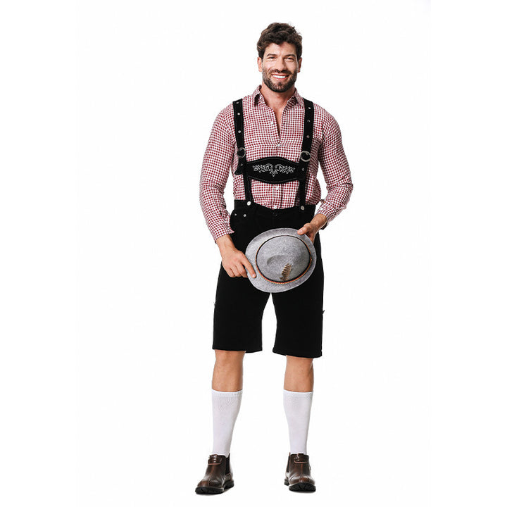 Men's authentic traditional knee-length trousers made of suede-like material with adjustable straps and embroidered chest bib Mune Fashion