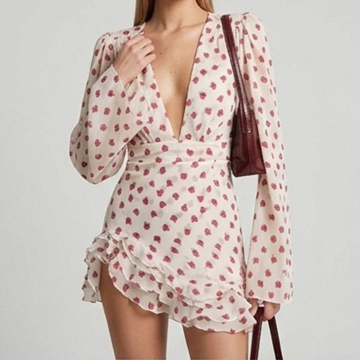 Women Playful Chiffon Mini Dress with Deep V, Asymmetrical Ruffle Hem and Bell Sleeves Mune Fashion