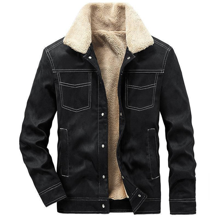 Men's Suede-Look Trucker Jacket with Teddy Lining and Snap Button Closure Mune Fashion