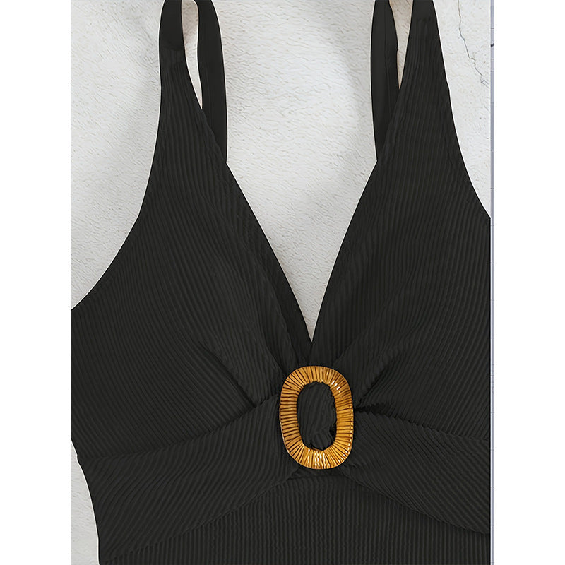 Women Elegant V-Neck Swimsuit with Wood Ring Detail Mune Fashion
