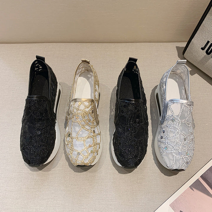 Women's Elegant Wedge Slippers with Transparent Mesh, Sequin Embroidery and Cushioning Platform Sole Mune Fashion
